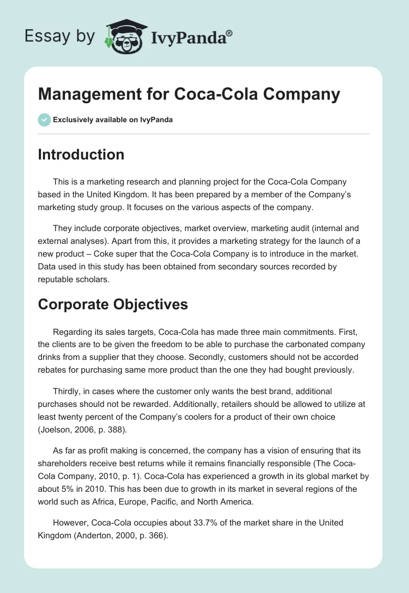 Management for Coca-Cola Company. Page 1