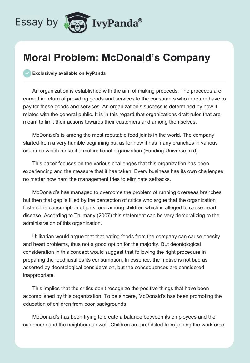 Moral Problem: McDonald’s Company. Page 1