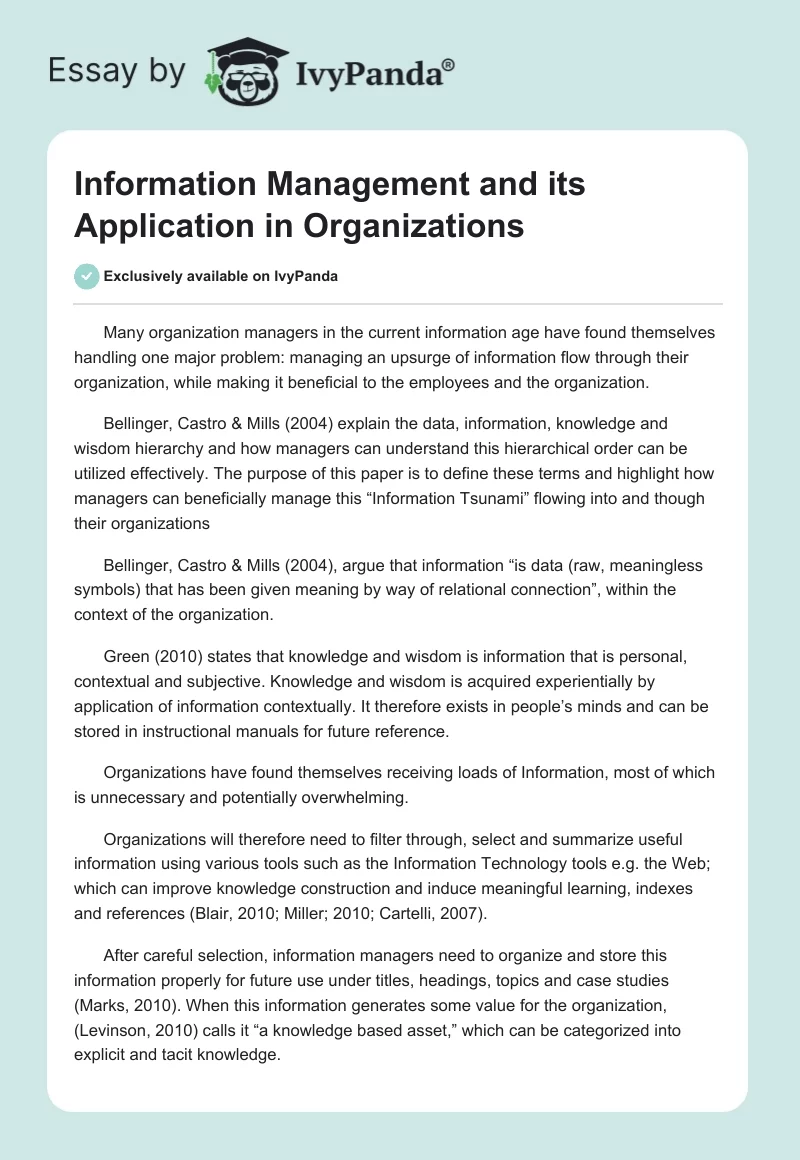 Information Management and its Application in Organizations. Page 1