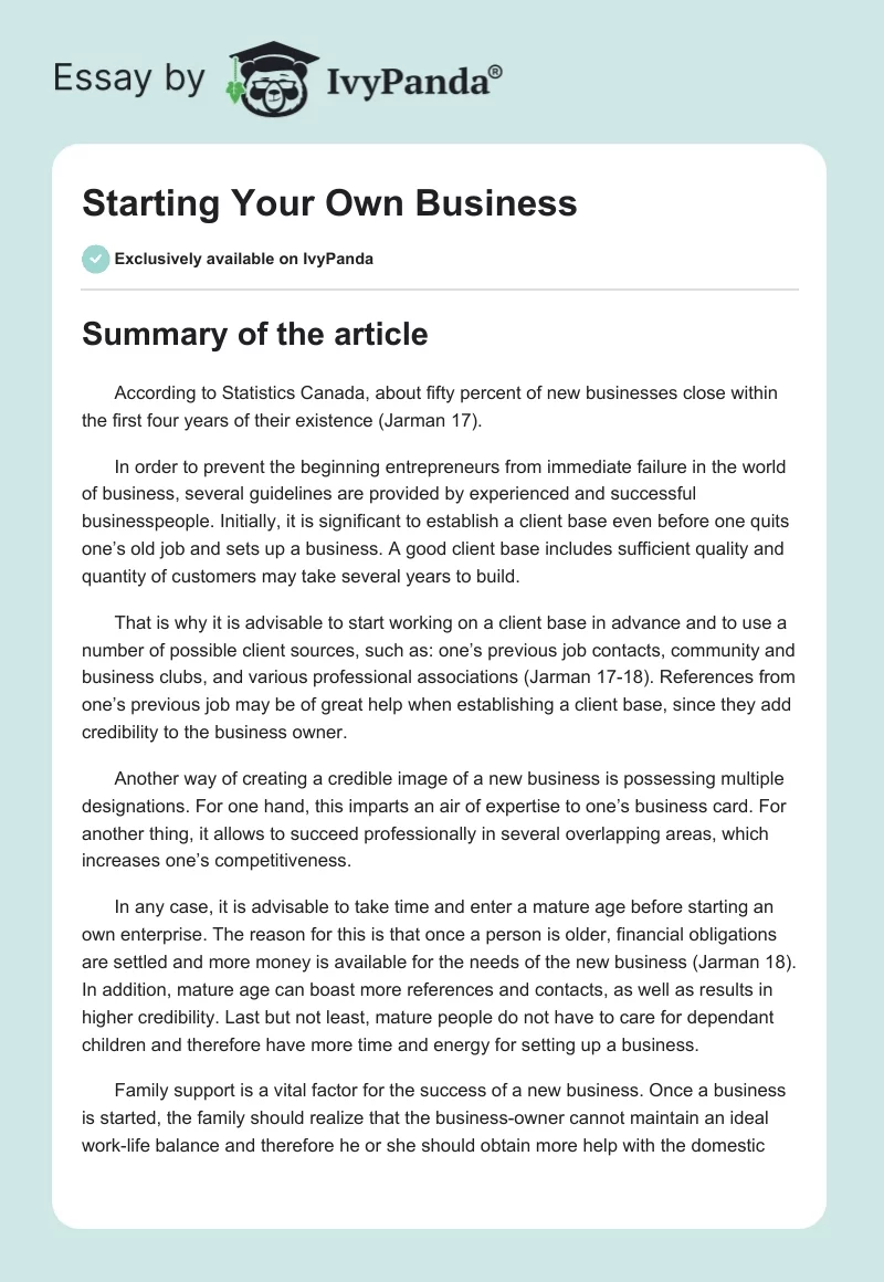 Starting Your Own Business. Page 1