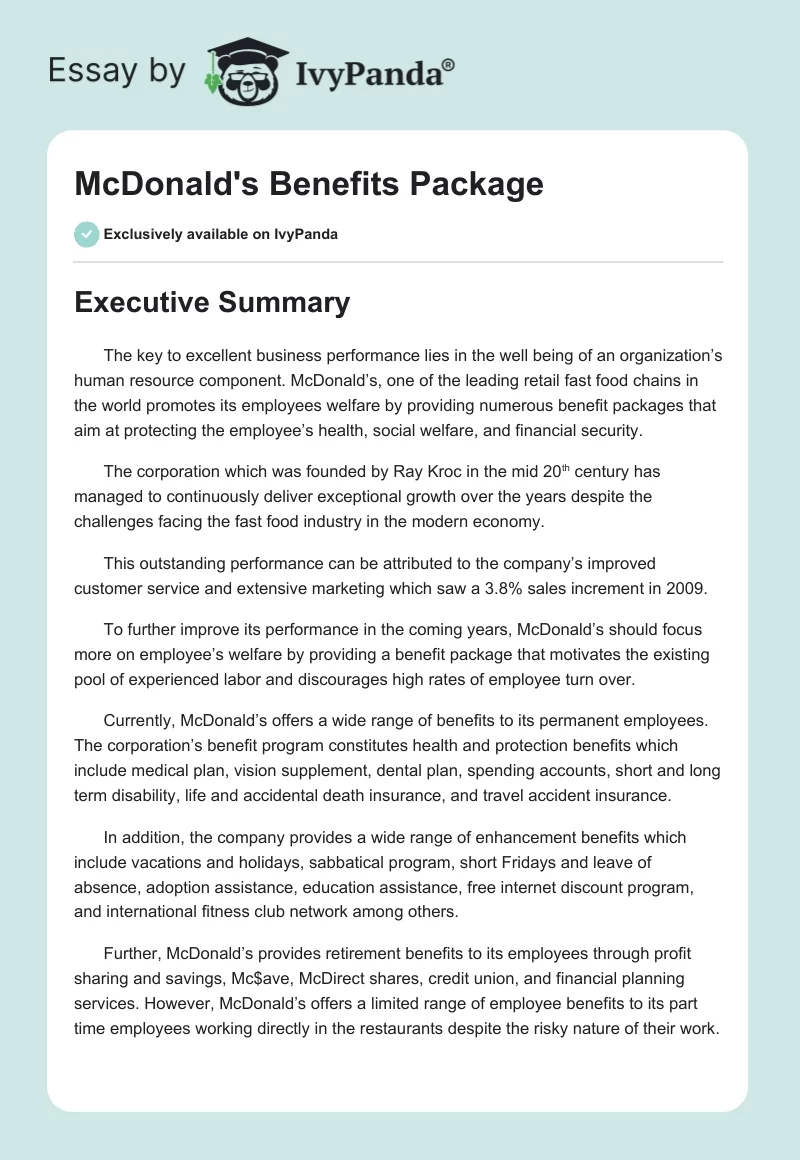 McDonald's Benefits Package. Page 1