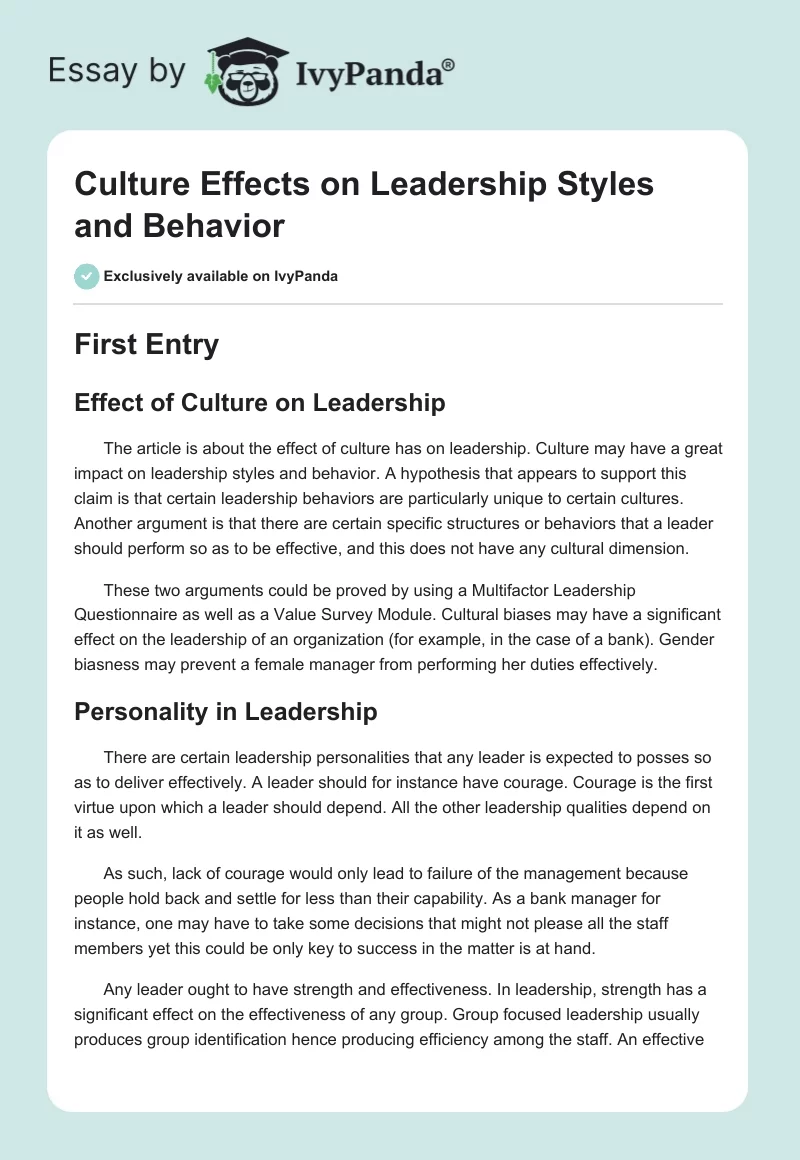 Culture Effects on Leadership Styles and Behavior. Page 1
