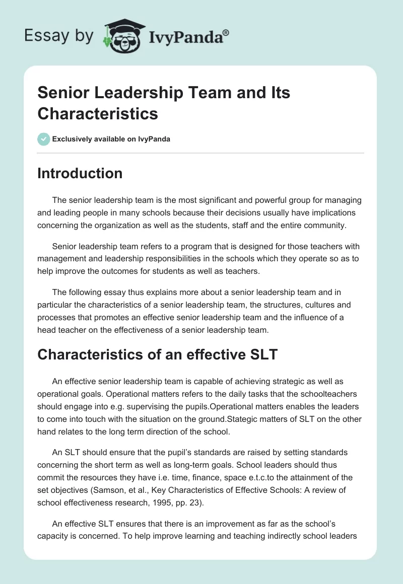 Senior Leadership Team and Its Characteristics. Page 1