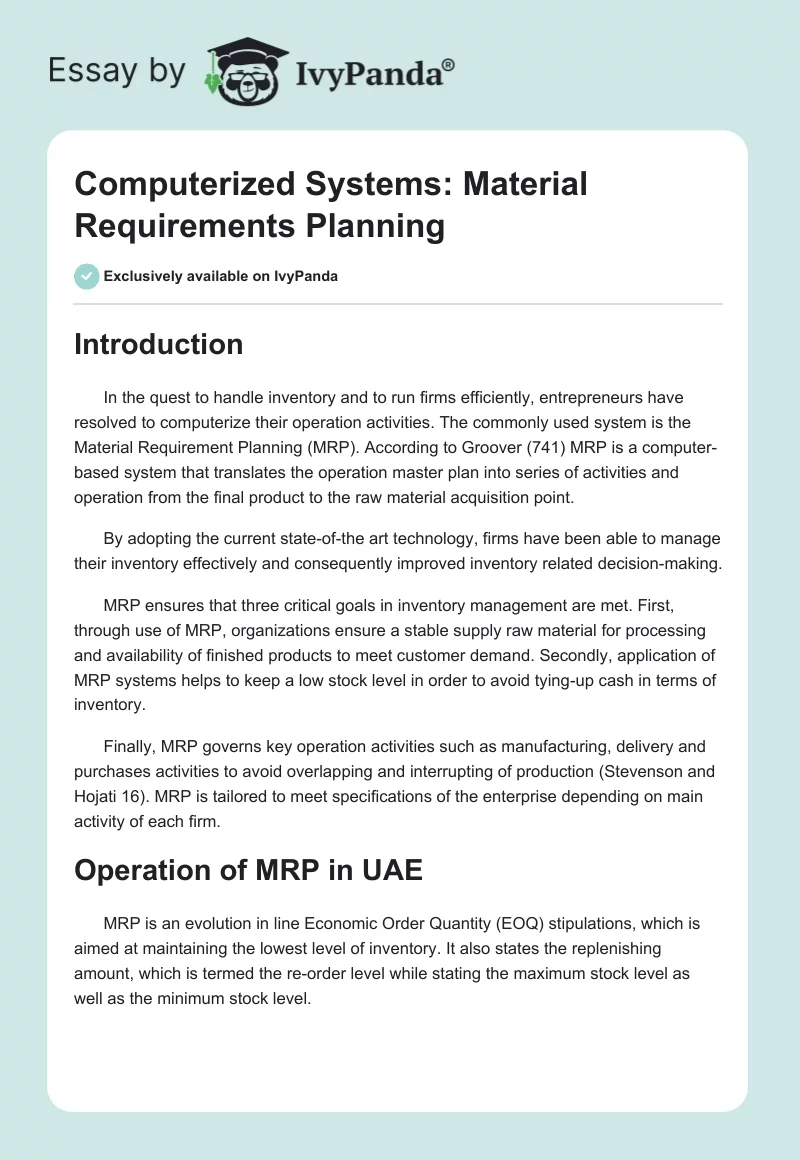 Computerized Systems: Material Requirements Planning. Page 1