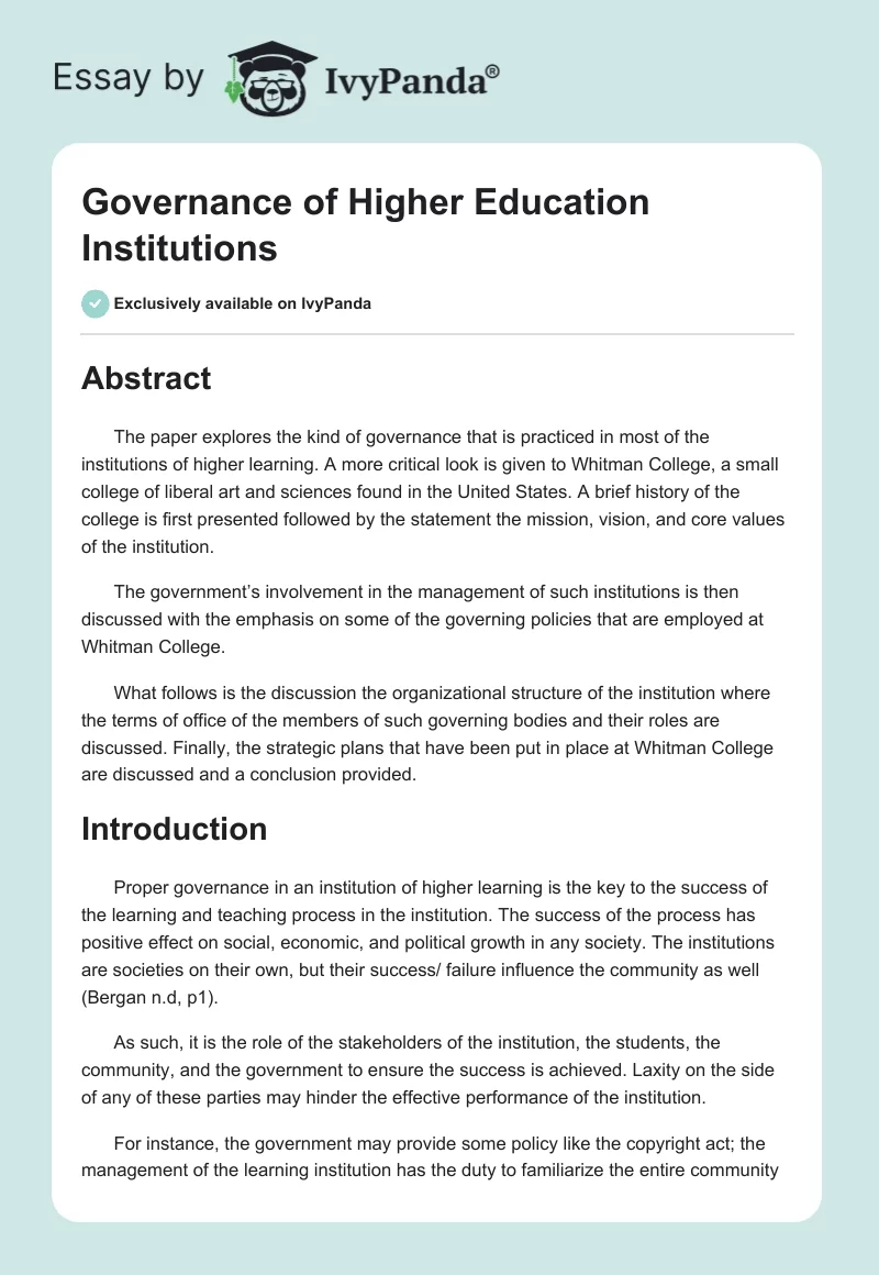 Governance of Higher Education Institutions. Page 1