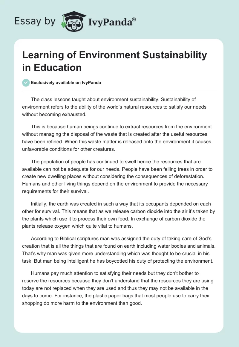 Learning of Environment Sustainability in Education. Page 1