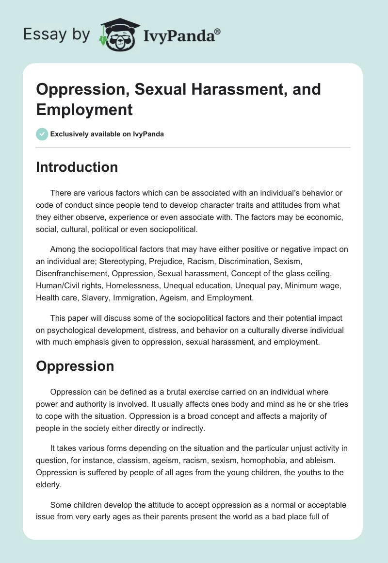 Oppression, Sexual Harassment, and Employment. Page 1