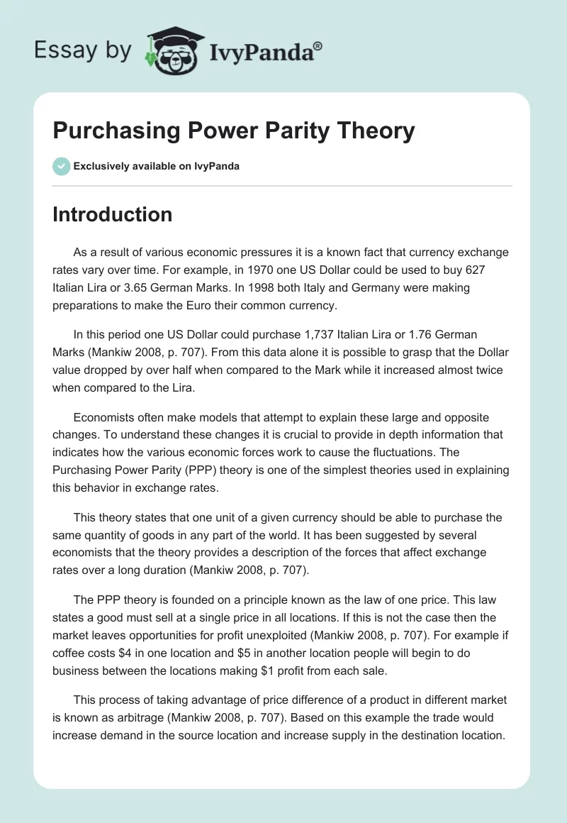 Purchasing Power Parity Theory. Page 1