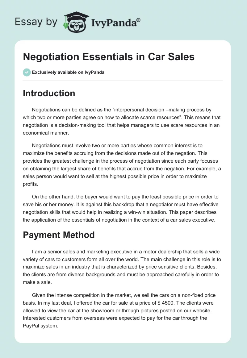 Negotiation Essentials in Car Sales. Page 1