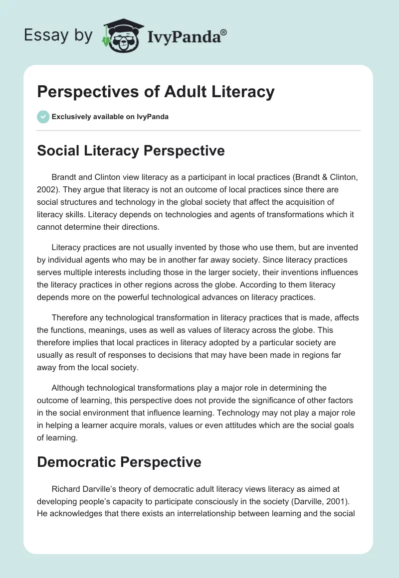 Perspectives of Adult Literacy. Page 1