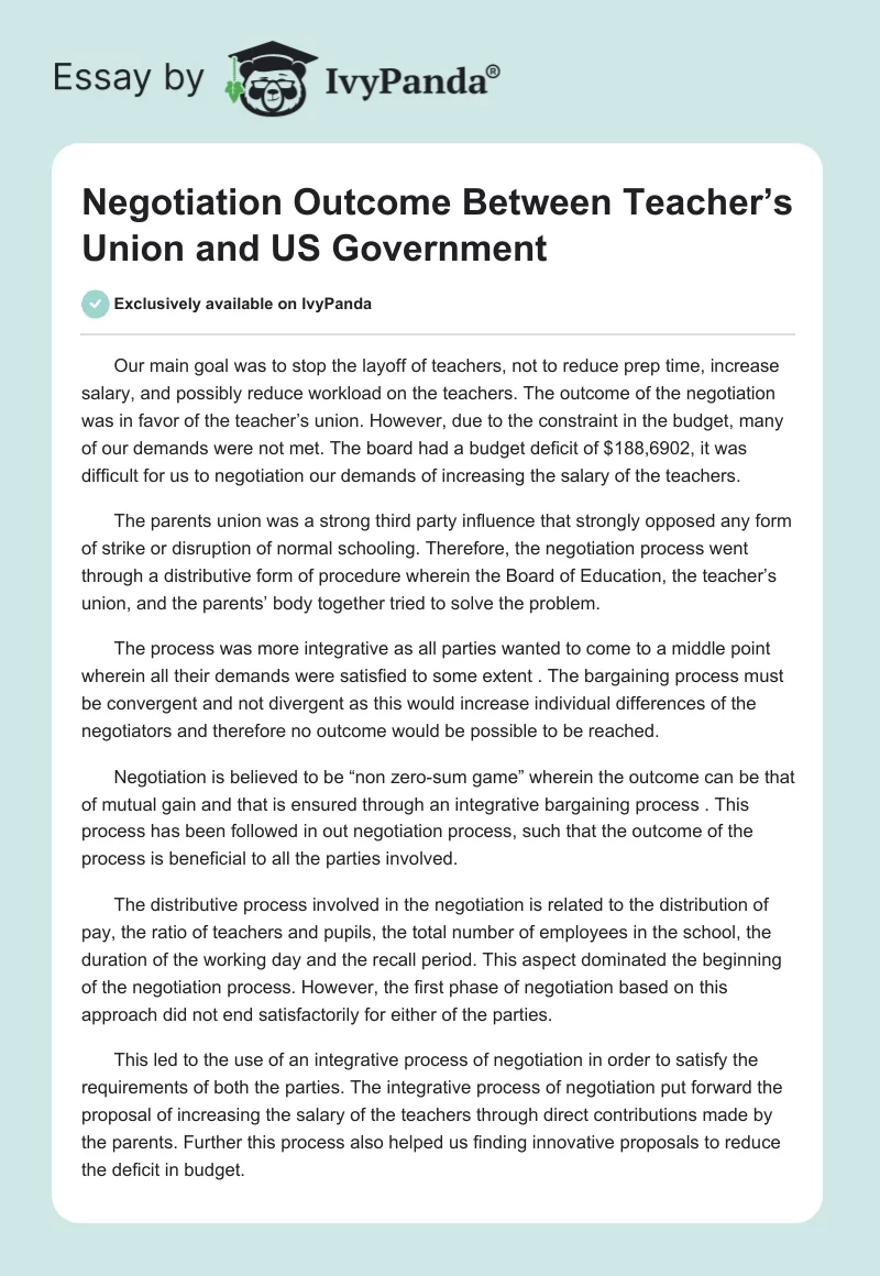 Negotiation Outcome Between Teacher’s Union and US Government. Page 1