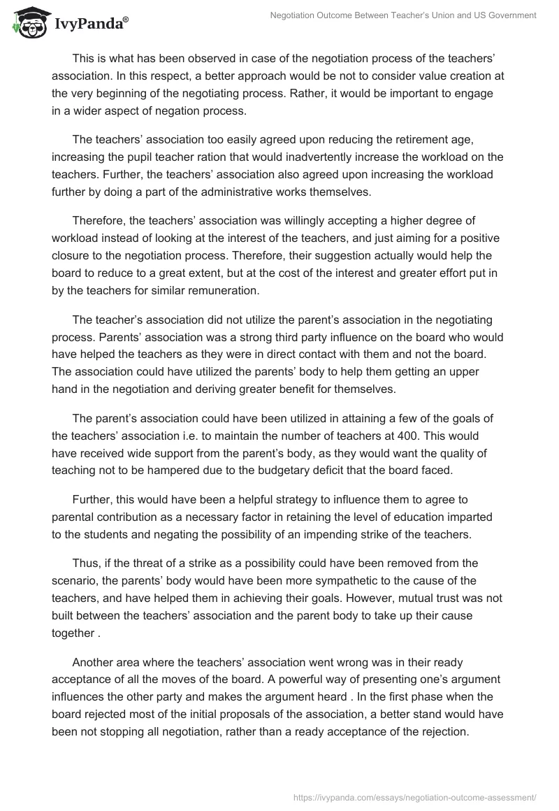 Negotiation Outcome Between Teacher’s Union and US Government. Page 4