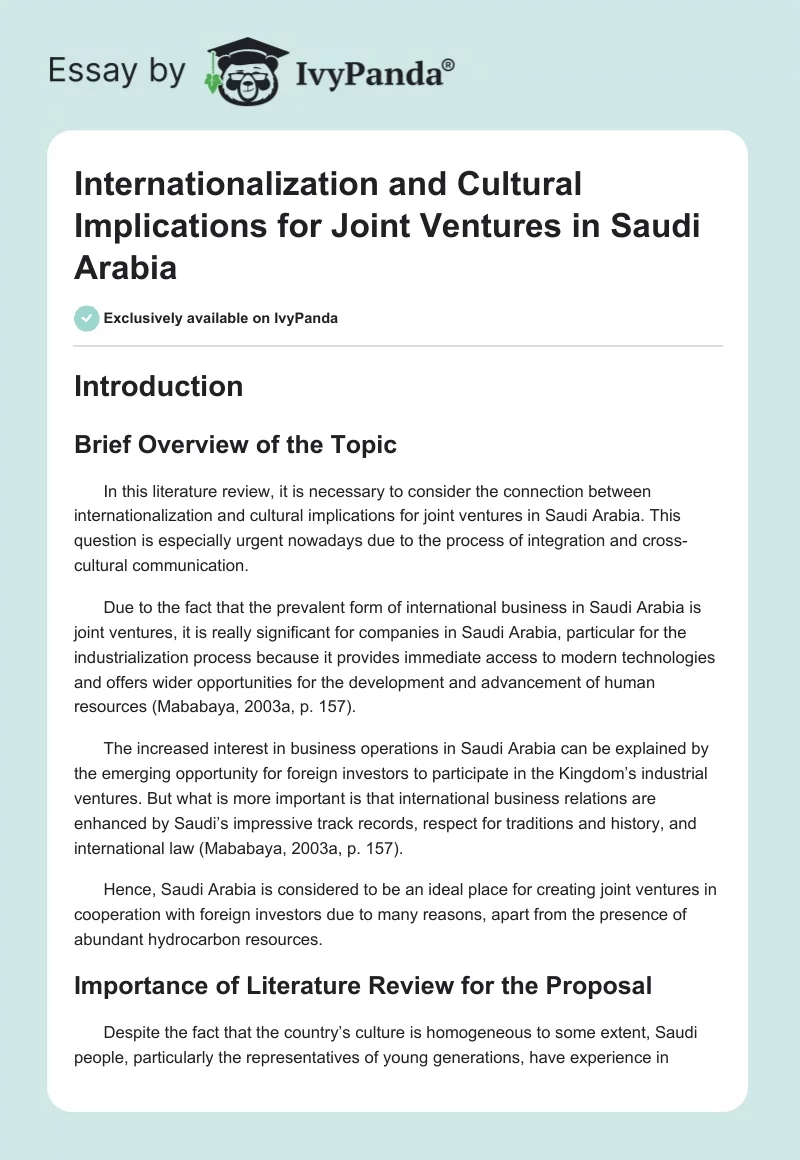 Internationalization and Cultural Implications for Joint Ventures in Saudi Arabia. Page 1