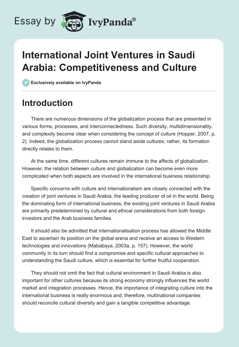 International Joint Ventures in Saudi Arabia: Competitiveness and Culture. Page 1