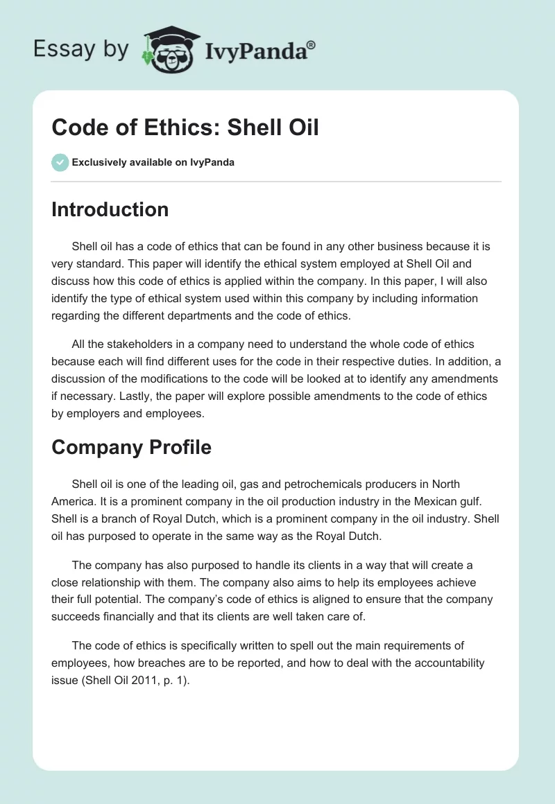 Code of Ethics: Shell Oil. Page 1