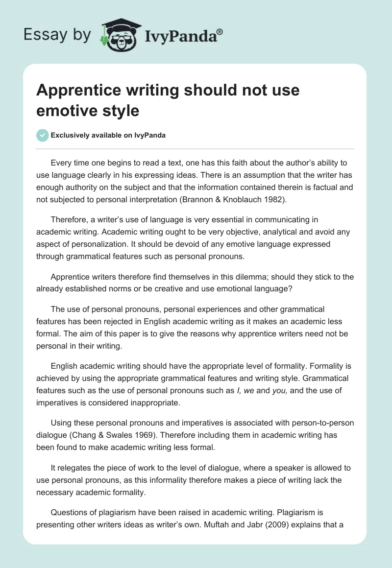 Apprentice writing should not use emotive style. Page 1