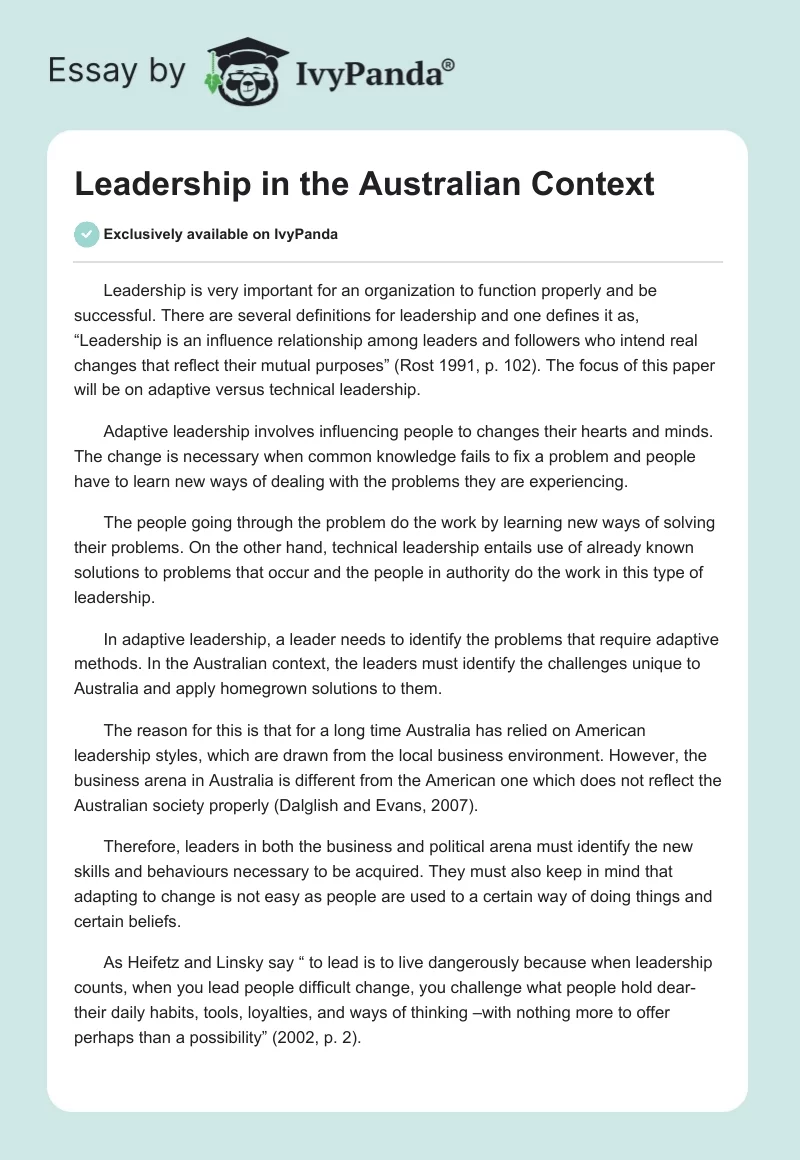 Leadership in the Australian Context. Page 1