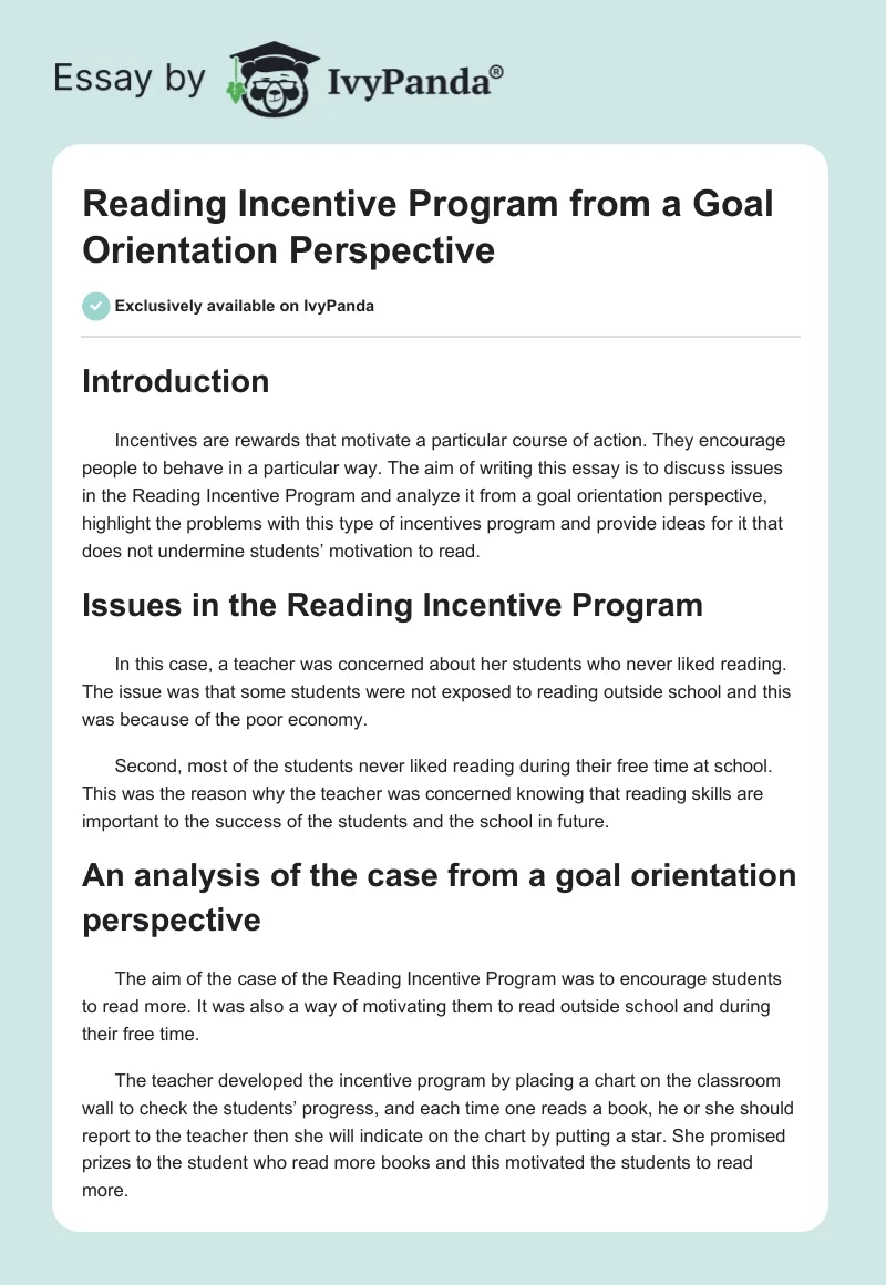 Reading Incentive Program from a Goal Orientation Perspective. Page 1