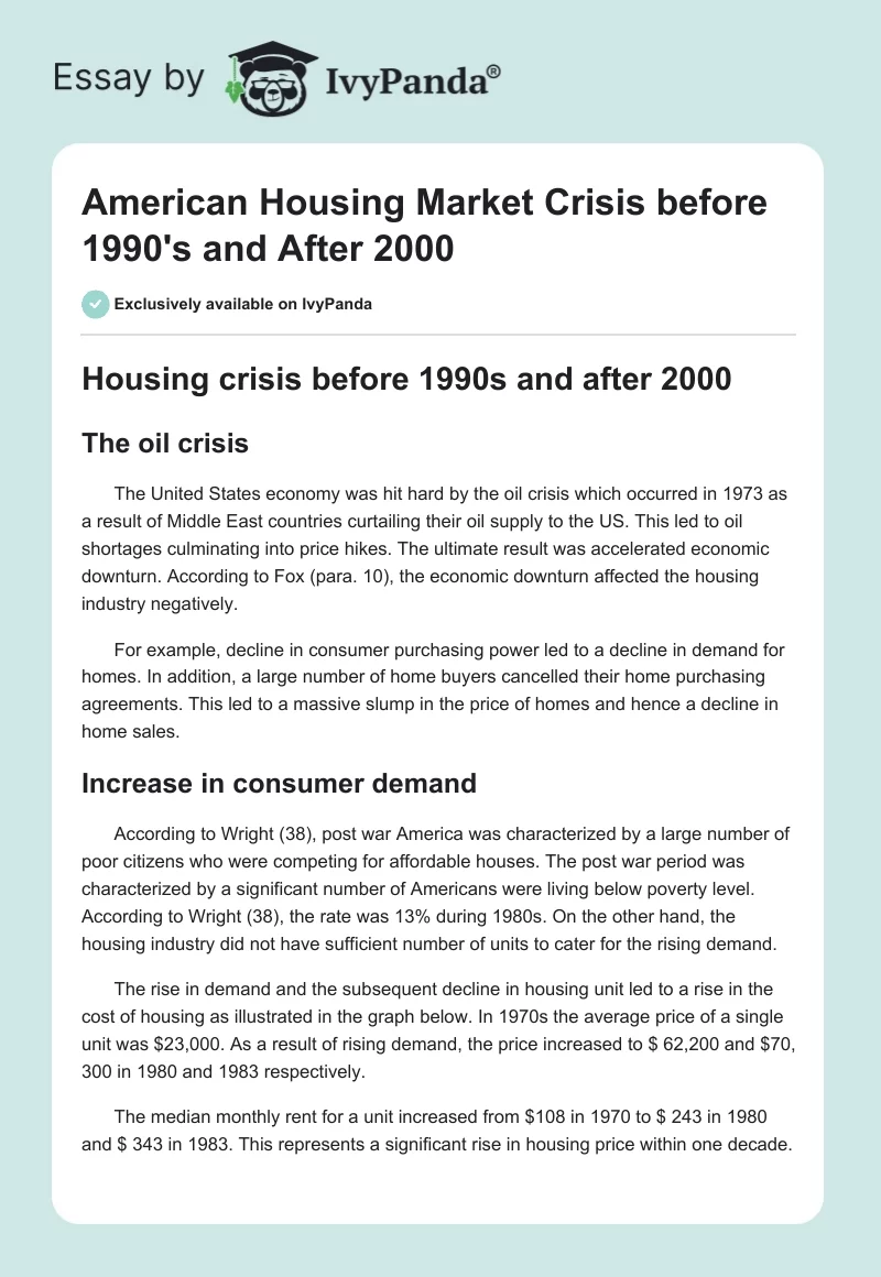 American Housing Market Crisis before 1990's and After 2000. Page 1
