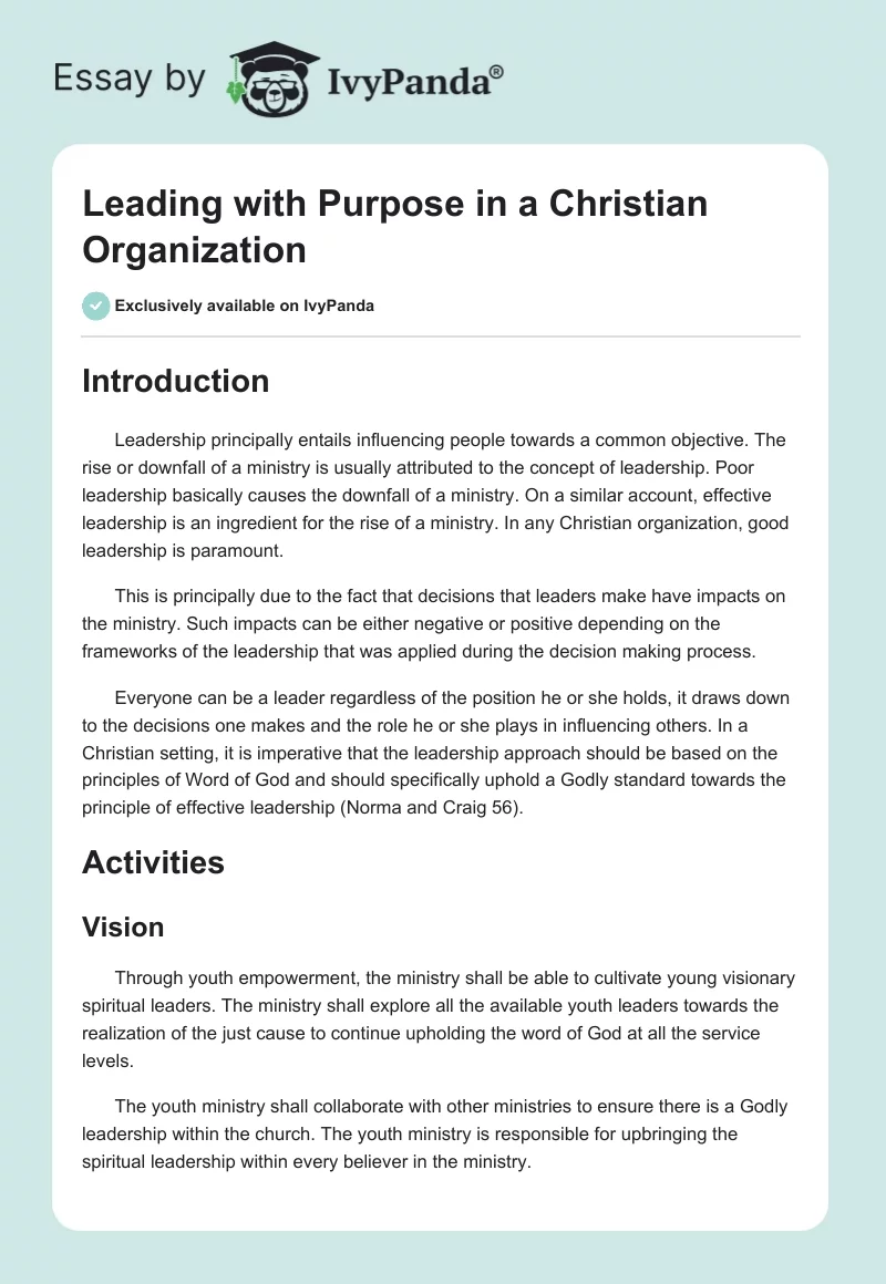 Leading With Purpose in a Christian Organization. Page 1