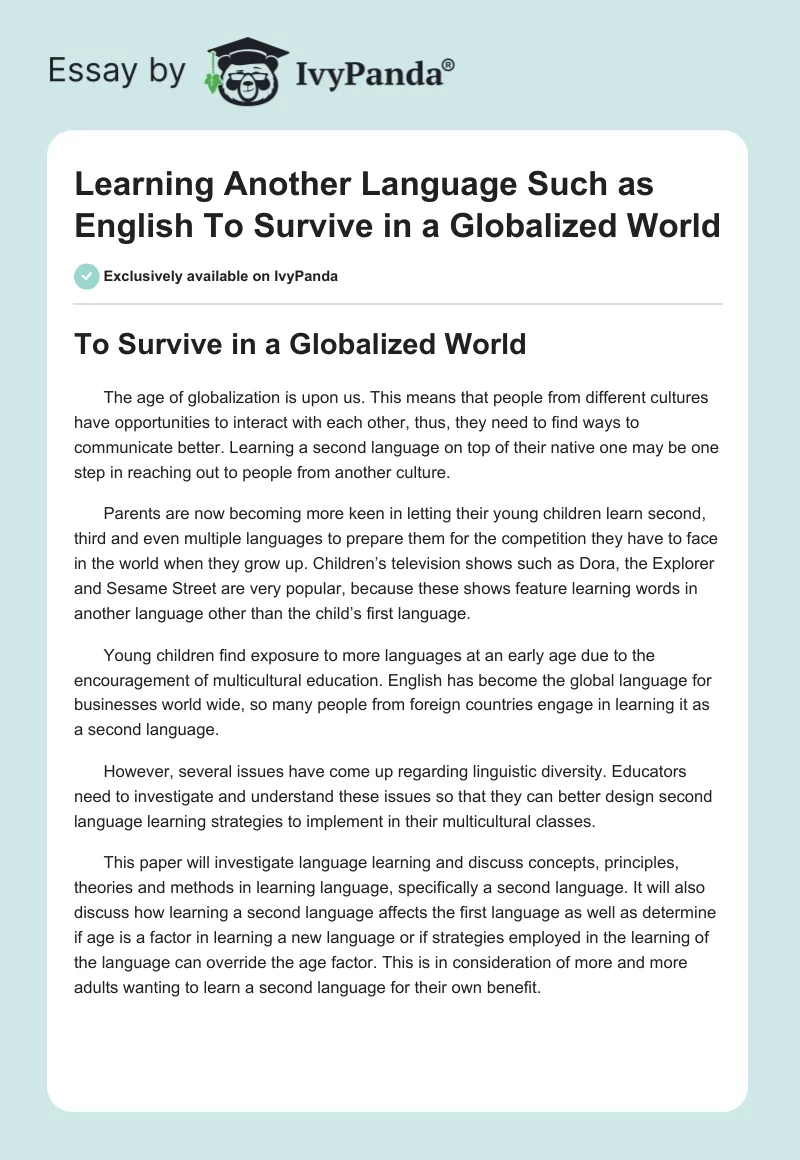 Learning Another Language Such as English To Survive in a Globalized World. Page 1