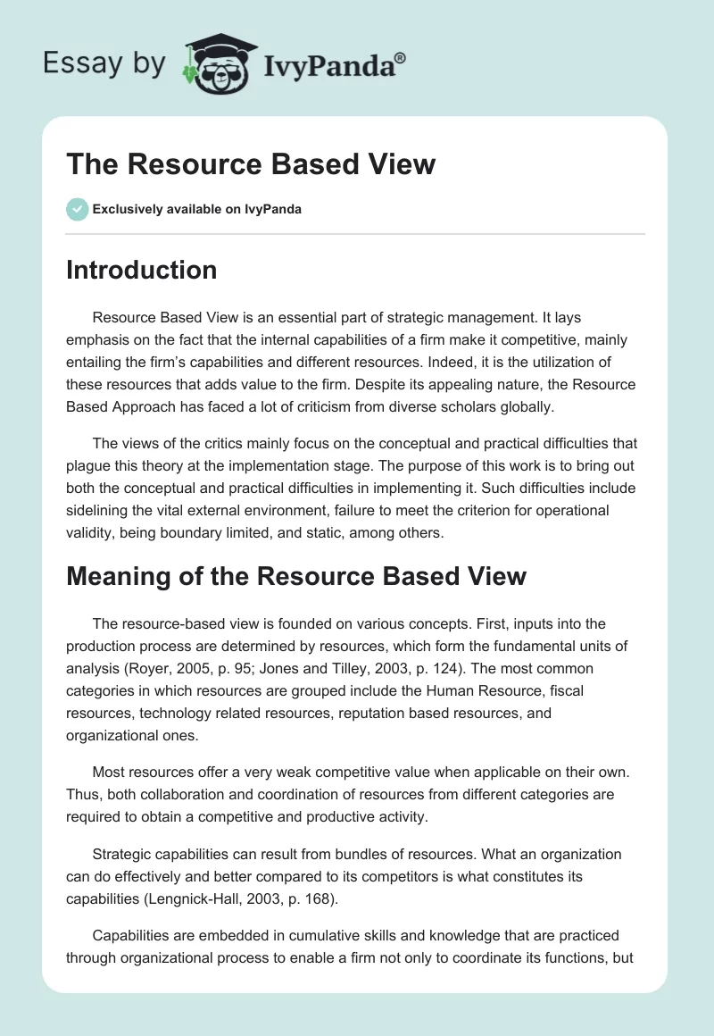 The Resource Based View. Page 1