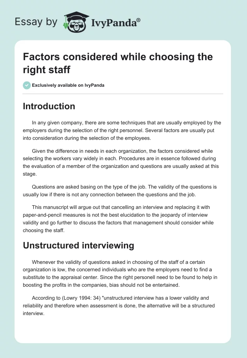 Factors considered while choosing the right staff. Page 1