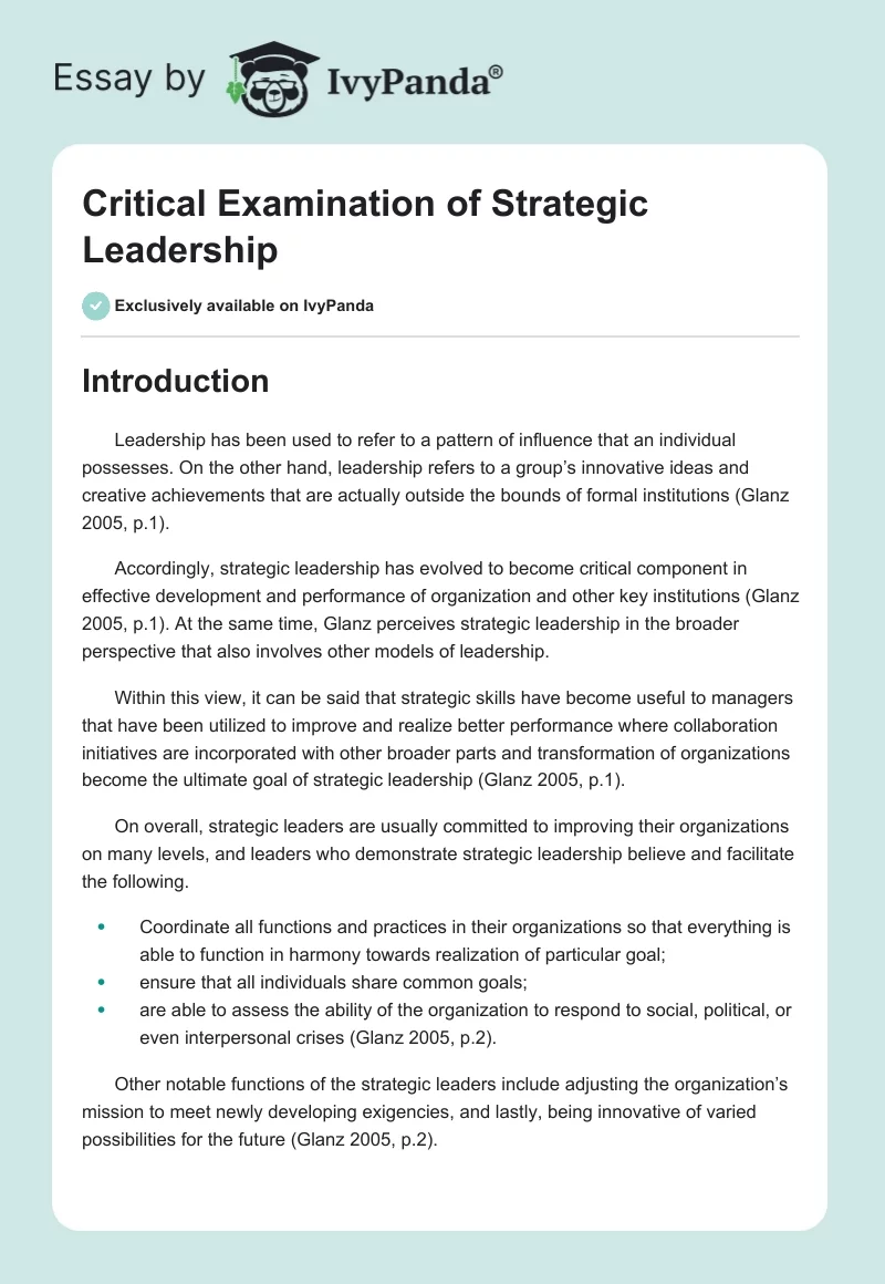 Critical Examination of Strategic Leadership. Page 1