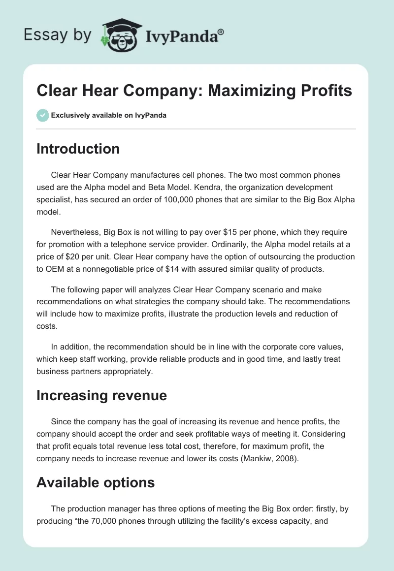 Clear Hear Company: Maximizing Profits. Page 1
