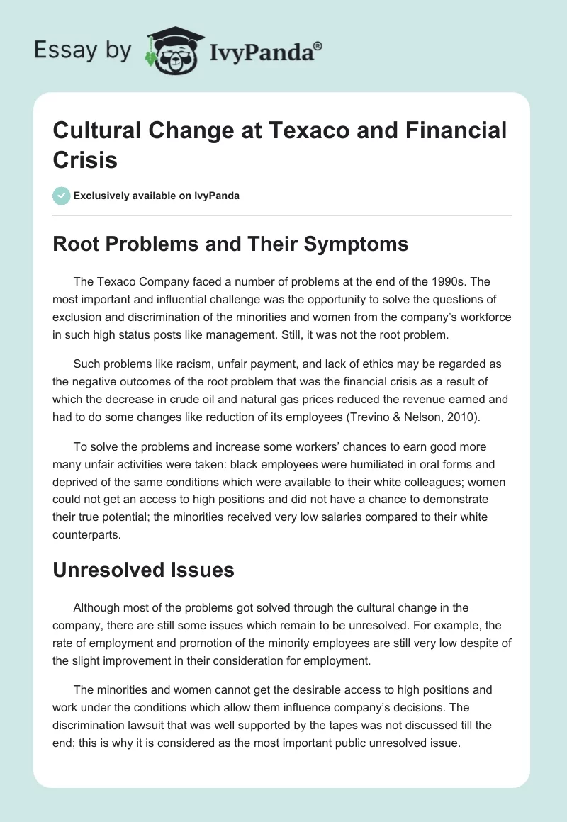 Cultural Change at Texaco and Financial Crisis. Page 1
