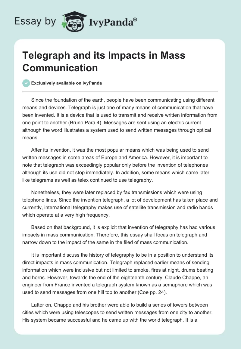 Telegraph and Its Impacts in Mass Communication. Page 1
