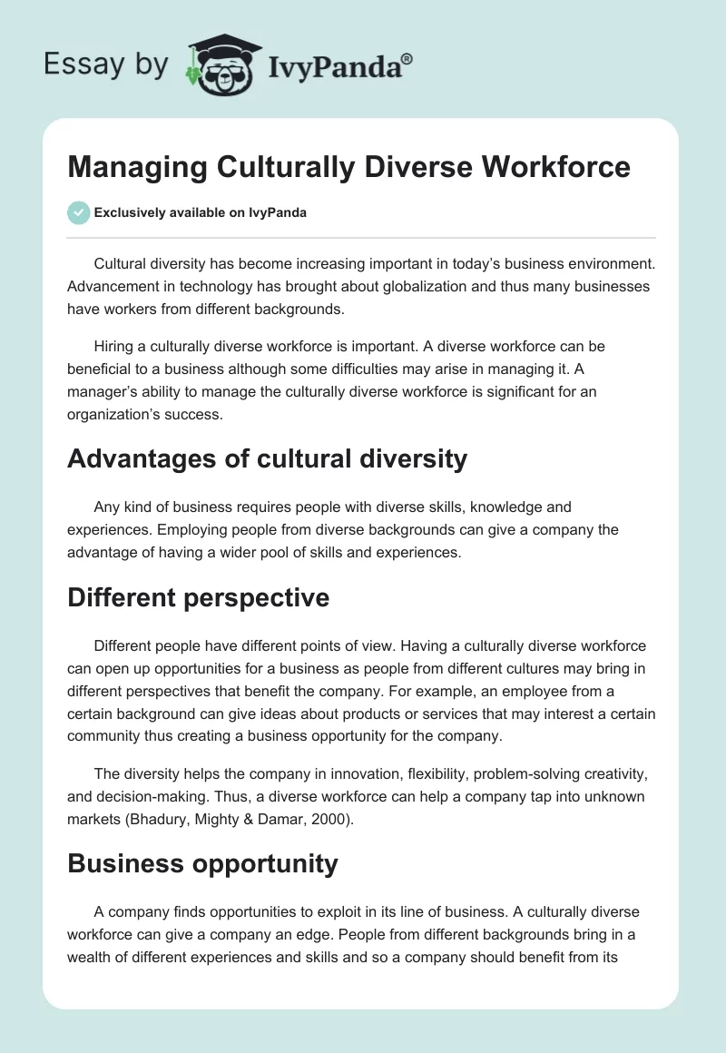 Managing Culturally Diverse Workforce. Page 1