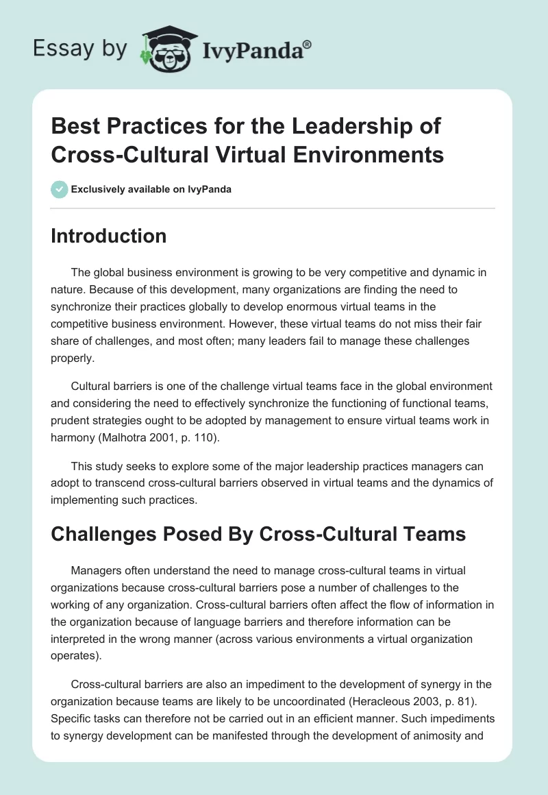 Best Practices for the Leadership of Cross-Cultural Virtual Environments. Page 1