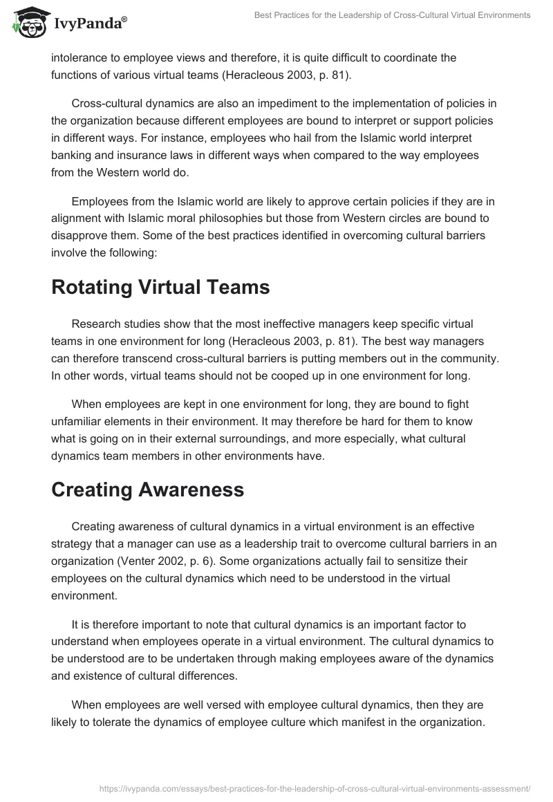 Best Practices for the Leadership of Cross-Cultural Virtual Environments. Page 2