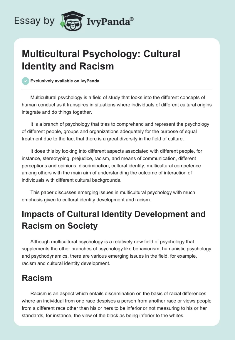 Multicultural Psychology: Cultural Identity and Racism. Page 1
