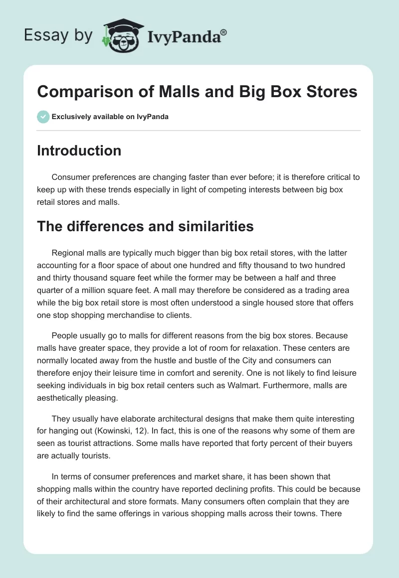 Comparison of Malls and Big Box Stores. Page 1