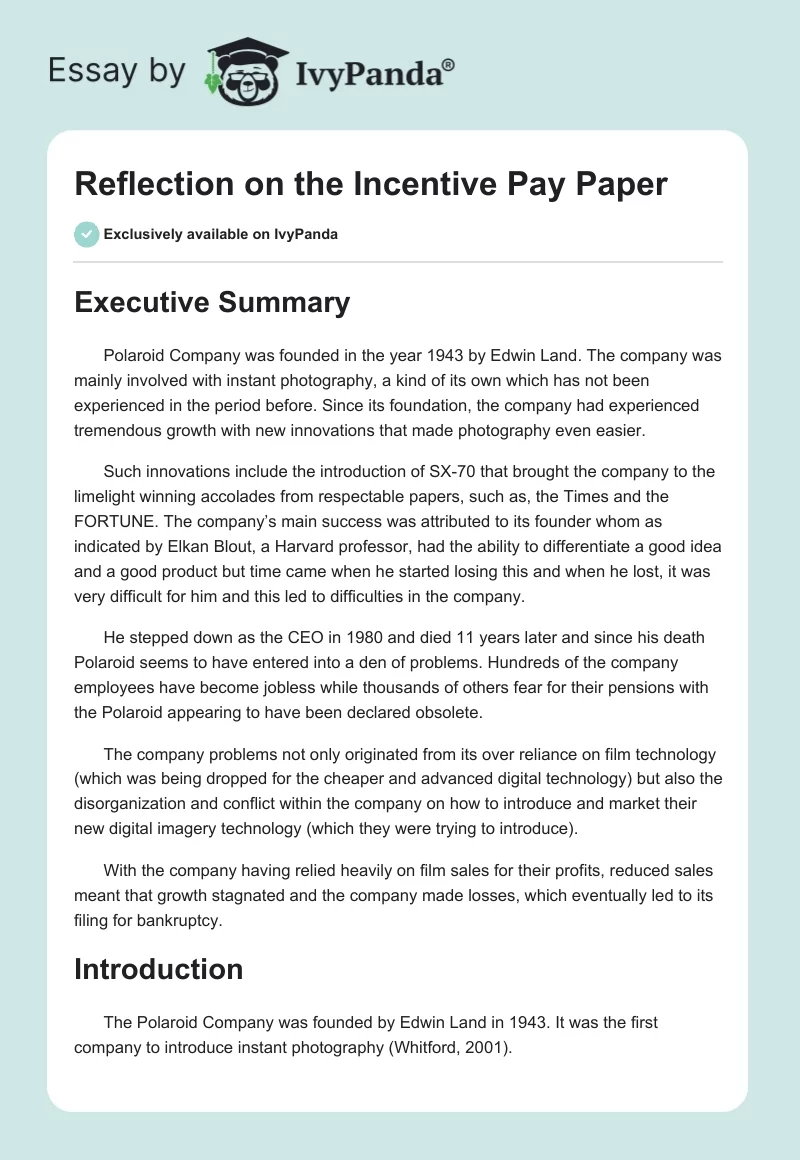 Reflection on the Incentive Pay Paper. Page 1