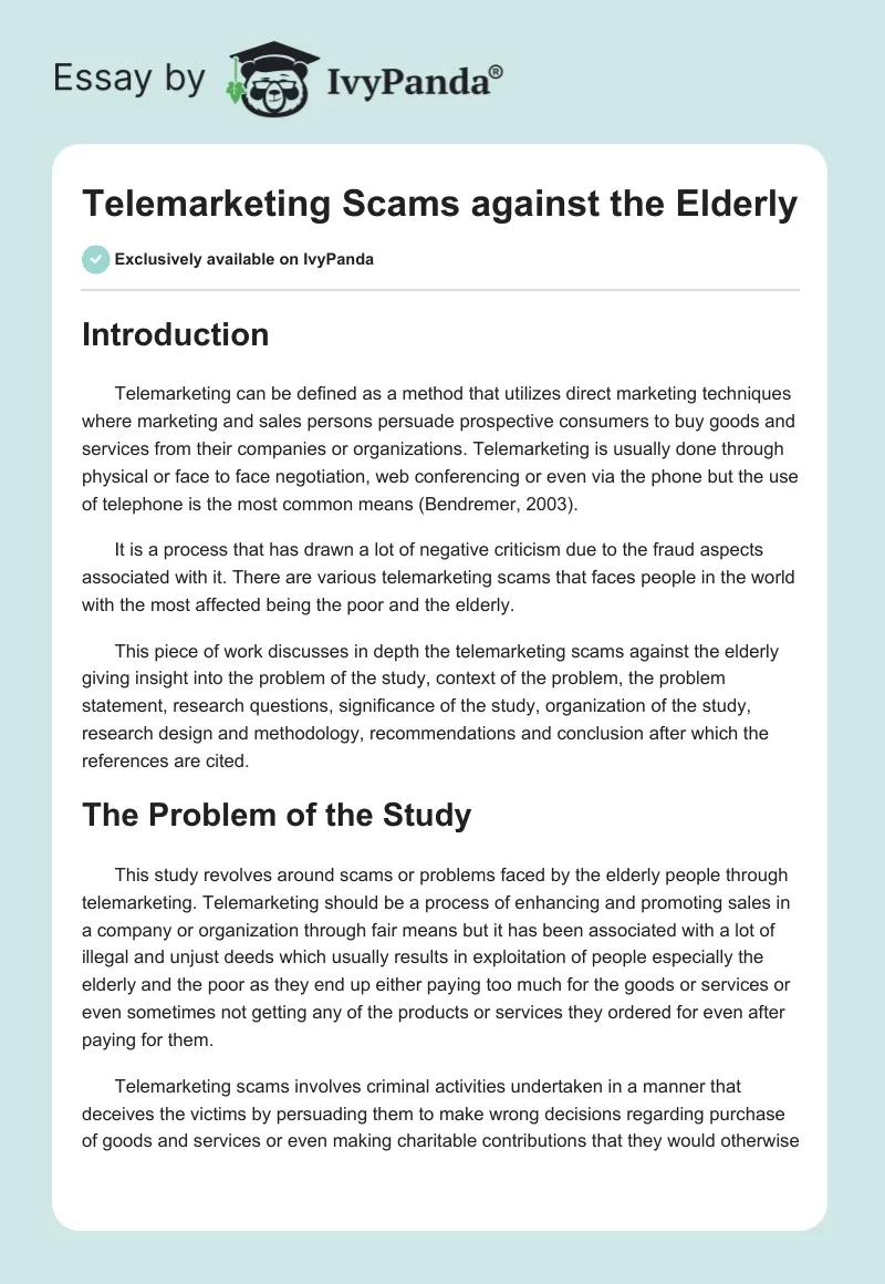 Telemarketing Scams against the Elderly. Page 1