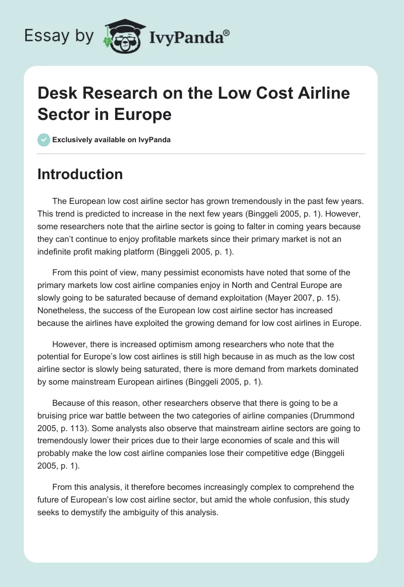 Desk Research on the Low Cost Airline Sector in Europe. Page 1