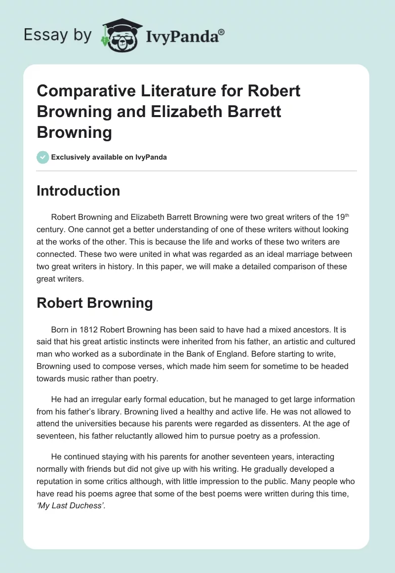 Comparative Literature for Robert Browning and Elizabeth Barrett Browning. Page 1