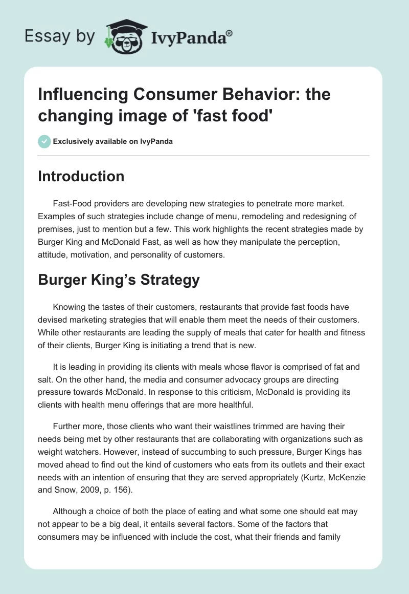 Influencing Consumer Behavior: the changing image of 'fast food'. Page 1