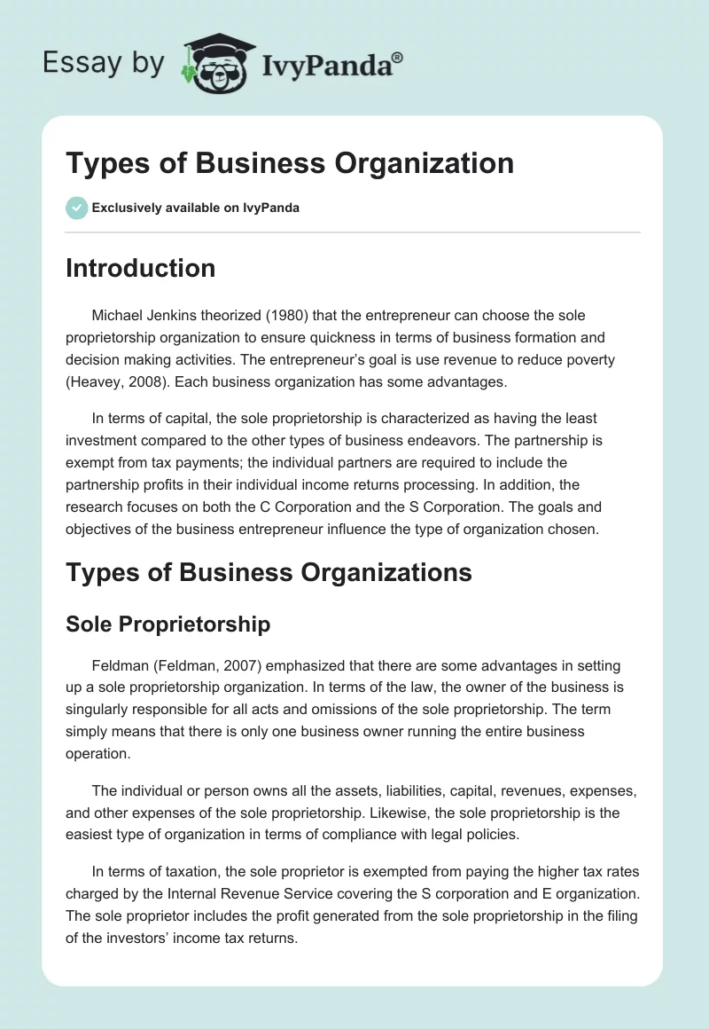 Types of Business Organization. Page 1