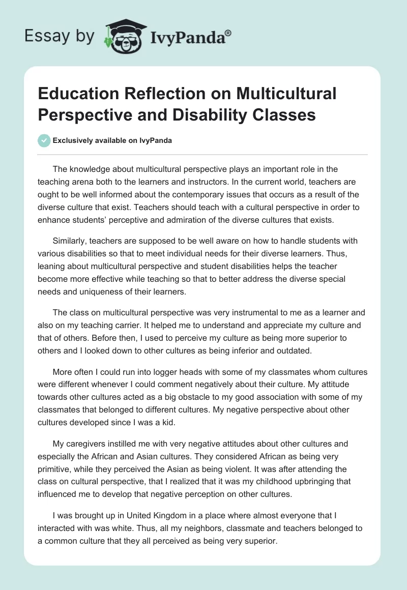 Education Reflection on Multicultural Perspective and Disability Classes. Page 1