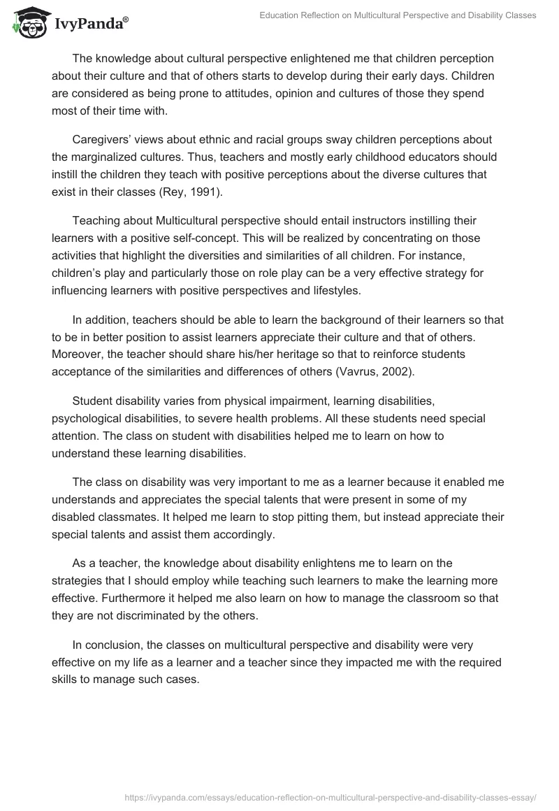 Education Reflection on Multicultural Perspective and Disability Classes. Page 2