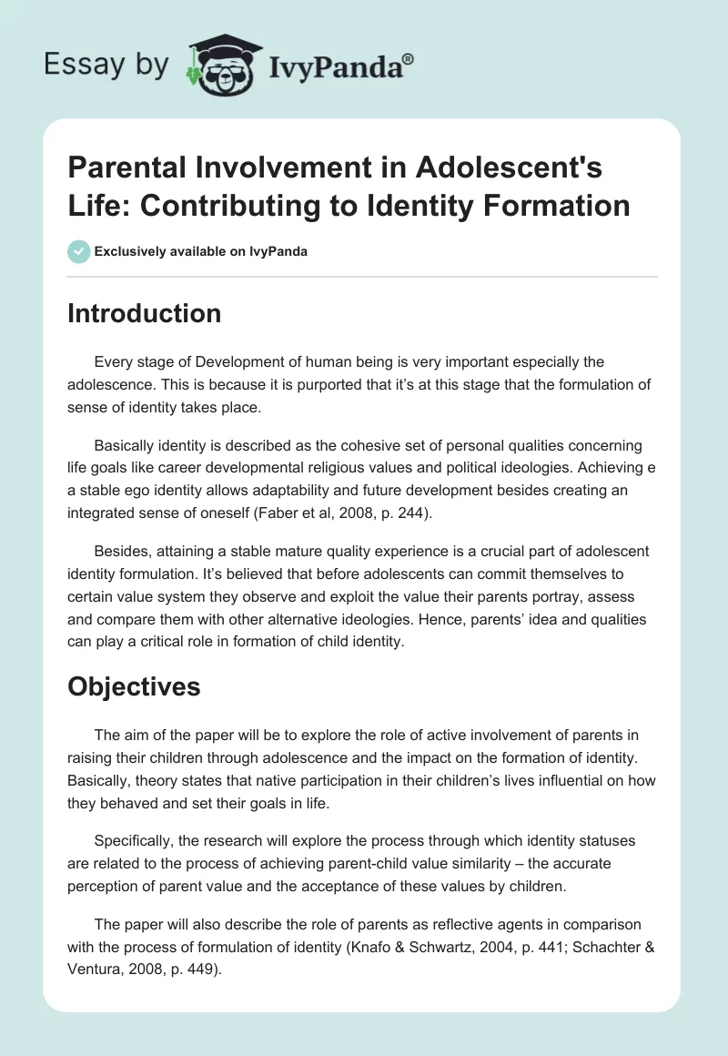 Parental Involvement in Adolescent's Life: Contributing to Identity Formation. Page 1