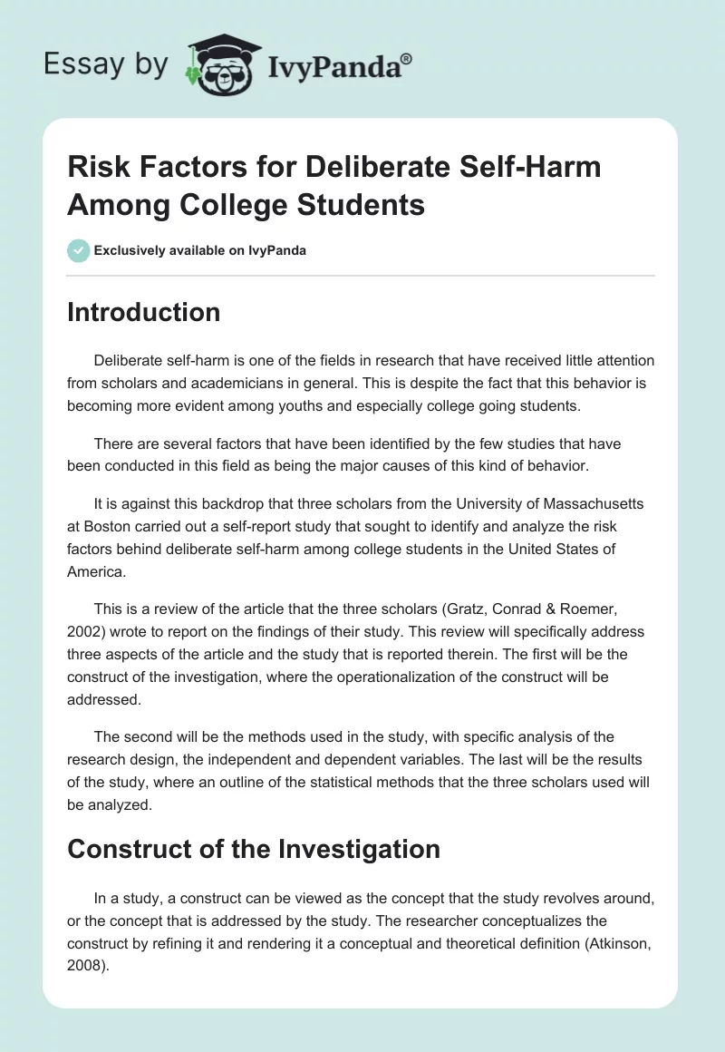 Risk Factors for Deliberate Self-Harm Among College Students. Page 1