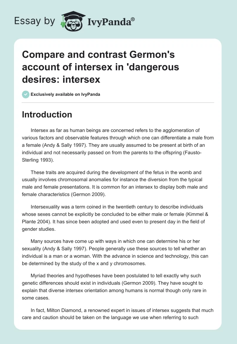 Compare and contrast Germon's account of intersex in 'dangerous desires: intersex. Page 1