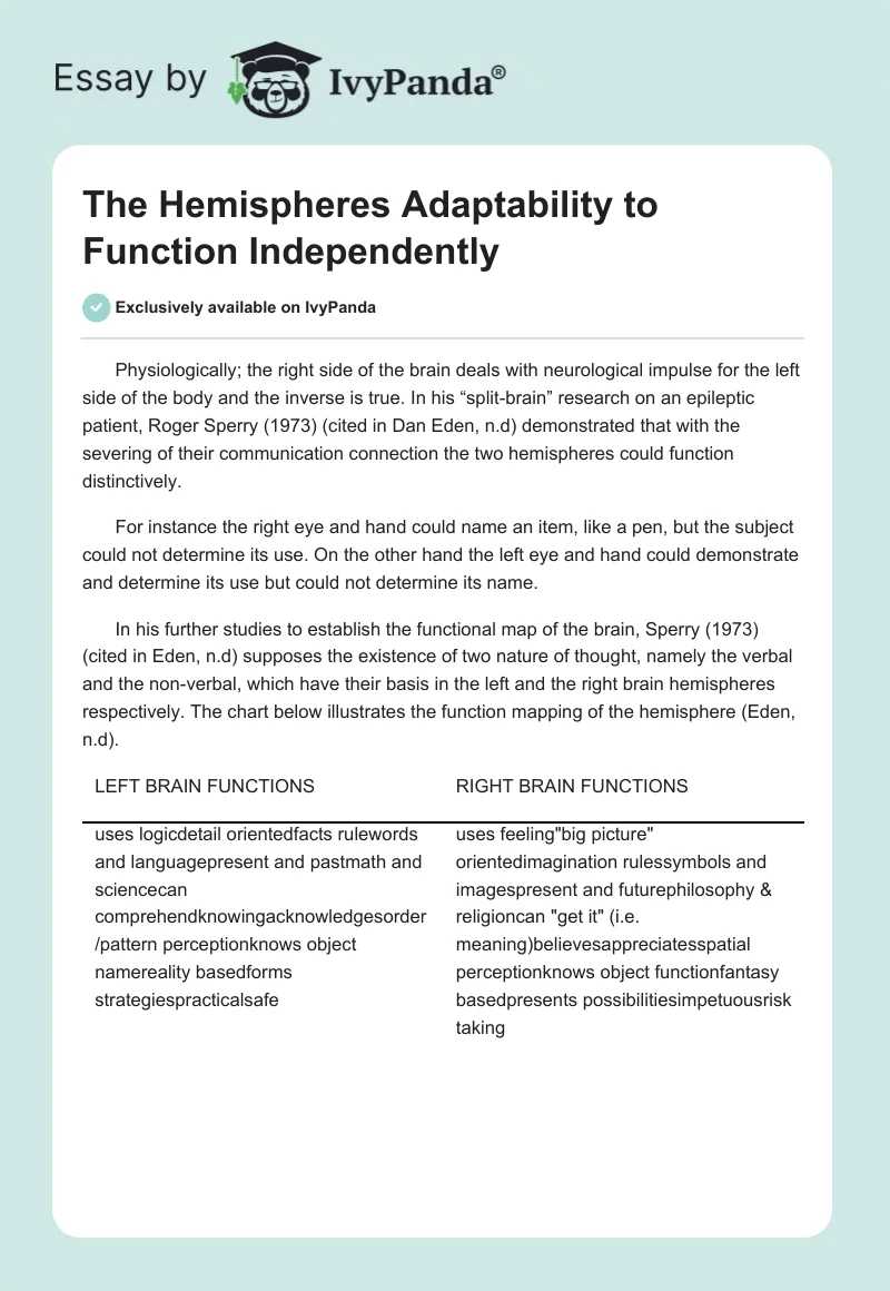 The Hemispheres Adaptability to Function Independently. Page 1