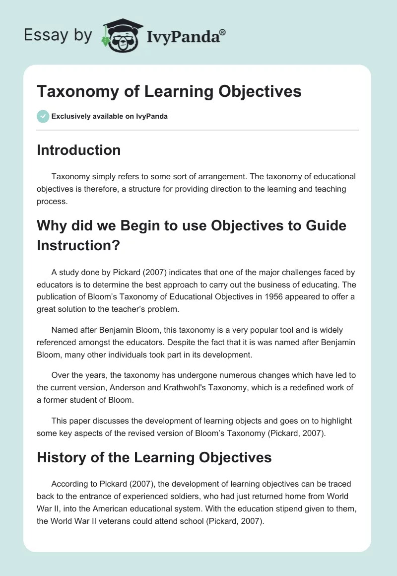 Taxonomy of Learning Objectives. Page 1