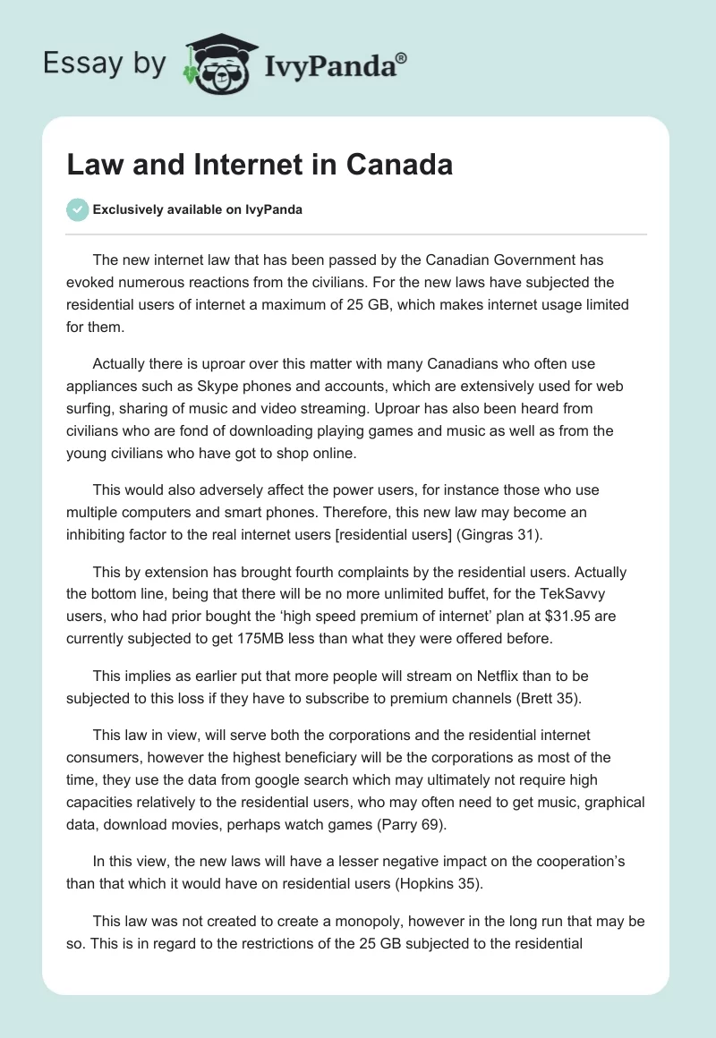 Law and Internet in Canada. Page 1
